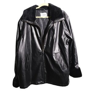 VTG Womens 2X‎ Black Faux Leather Faux Fur Trim Jacket Quilted Lining Mob Wife